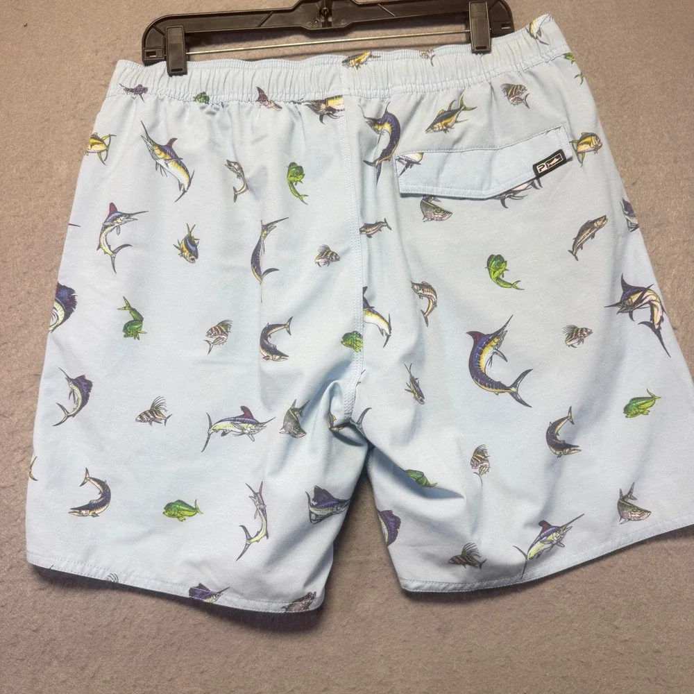 Pelagic Mens XL Light Blue Fish‎ Print Fishing Shorts 34x7 Stretch Marlin Tuna